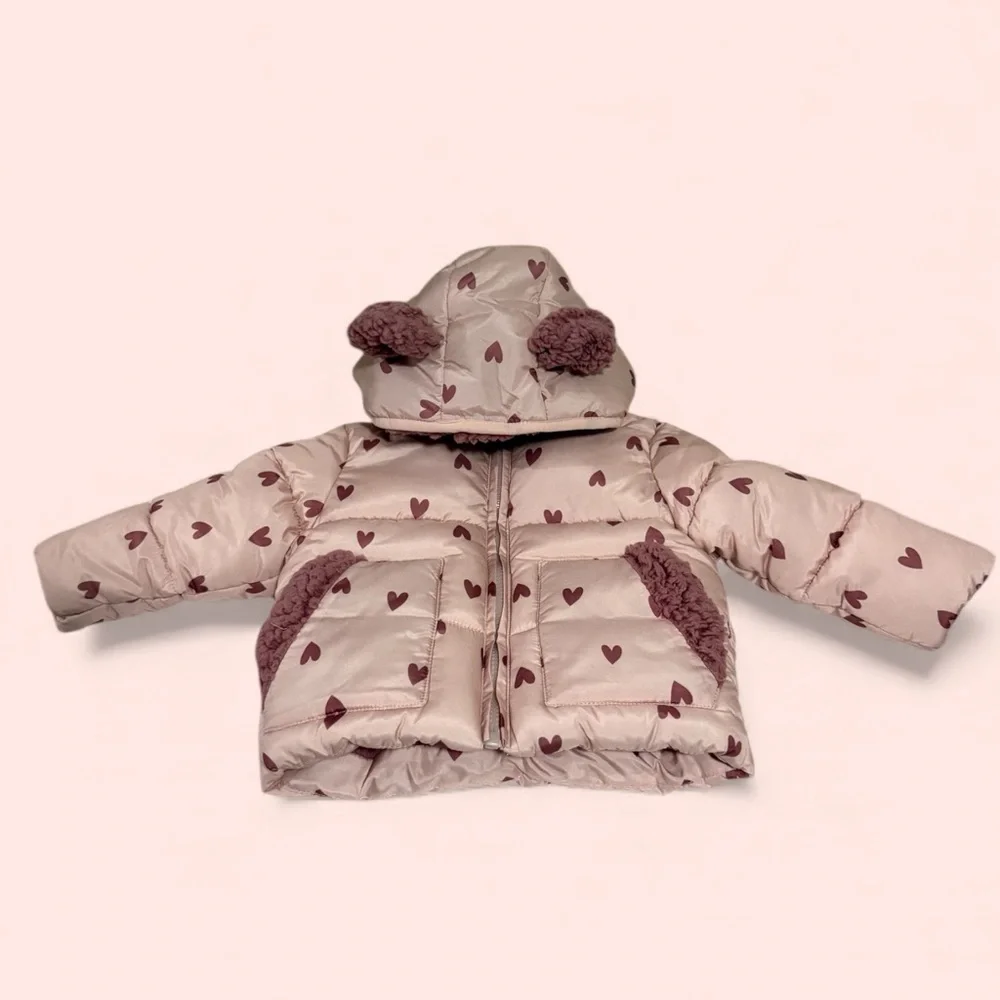 Jessica Simpson Baby Girls 12M Pink Heart Print Sherpa Lined Puffer Jacket Coat